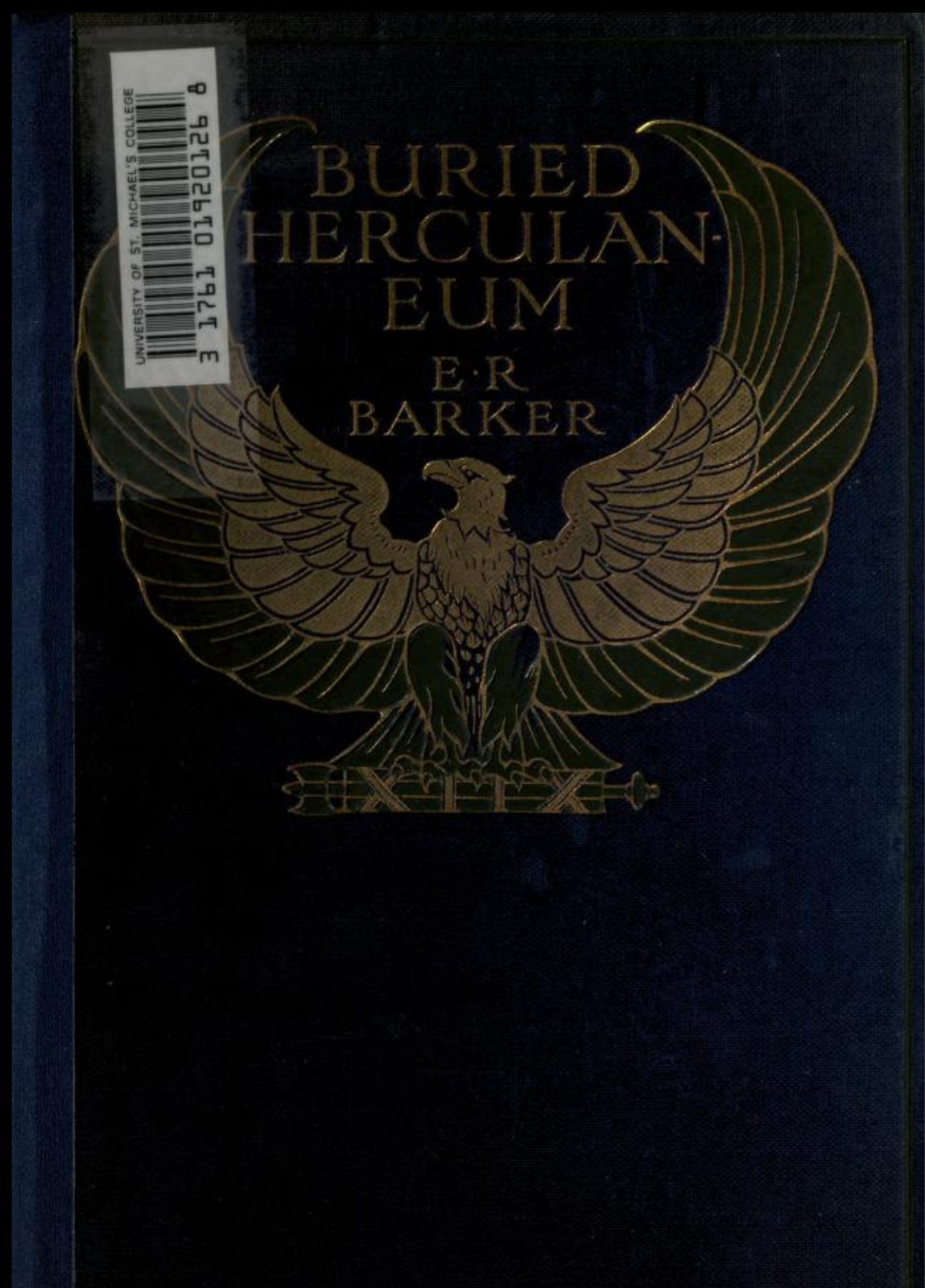 The dark blue cover of Buried Herculaneum by E. R. Barker, with a gold Roman eagle