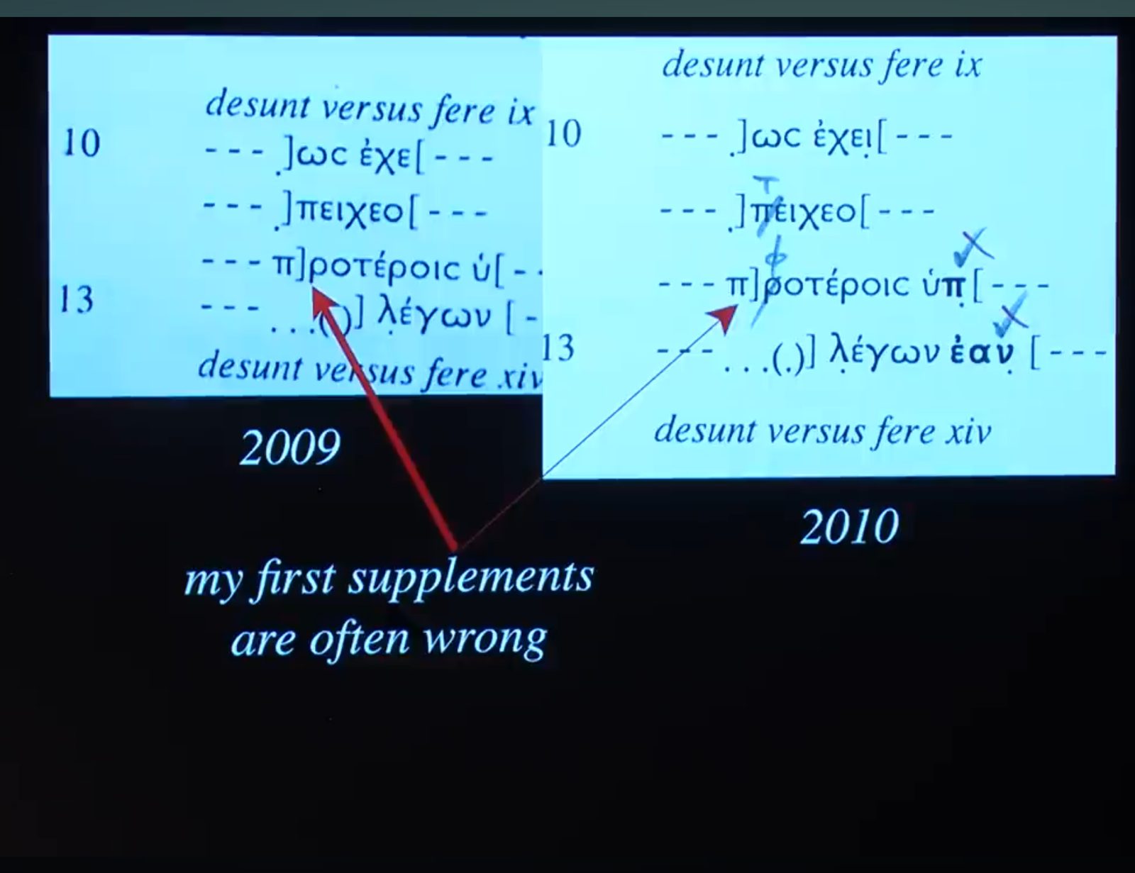 Slide: two versions of the same lines, 2009 and 2010, with arrows labelled my first supplements are often wrong